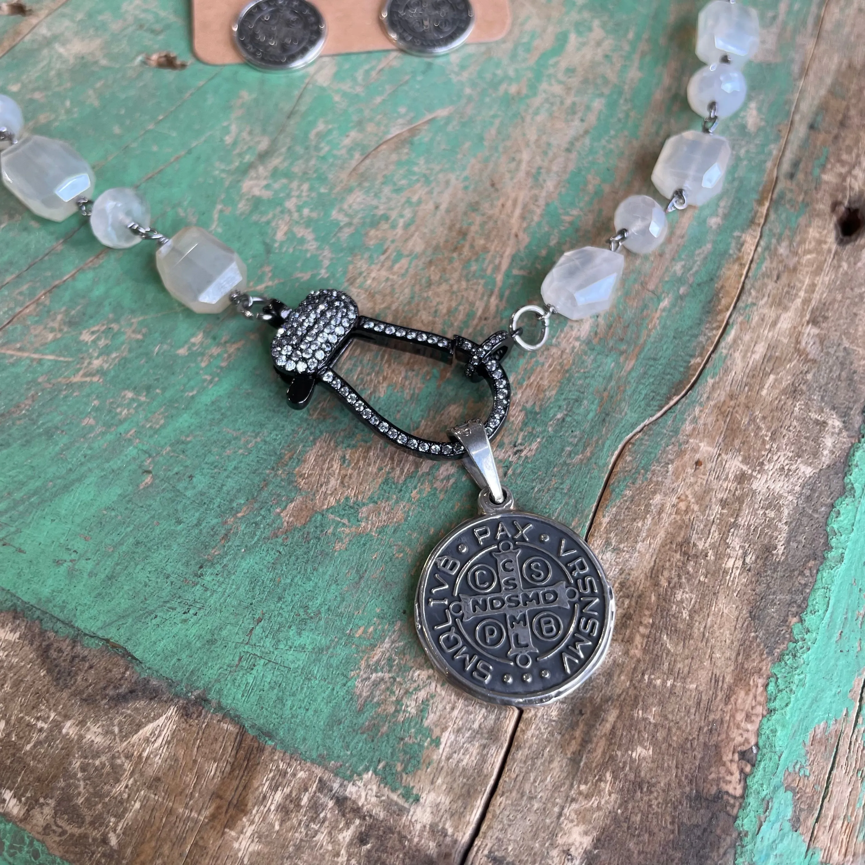 Sterling Silver St Benedict Chalcedony Necklace and Earrings