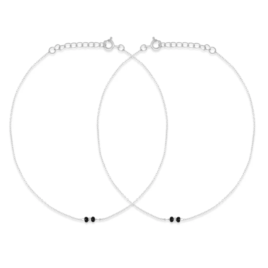 Subtle Black Beads Rhodium Plated 925 Sterling Silver Adjustable Link Chain Anklet