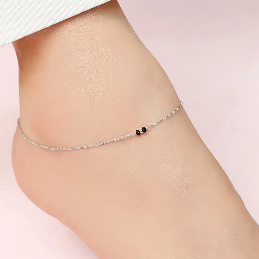 Subtle Black Beads Rhodium Plated 925 Sterling Silver Adjustable Link Chain Anklet