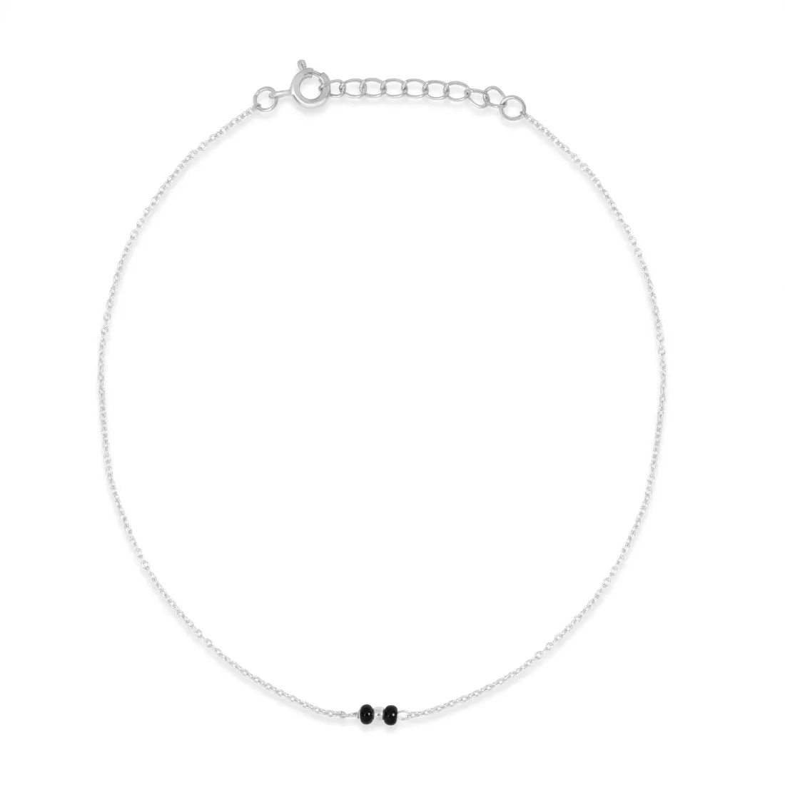 Subtle Black Beads Rhodium Plated 925 Sterling Silver Adjustable Link Chain Anklet
