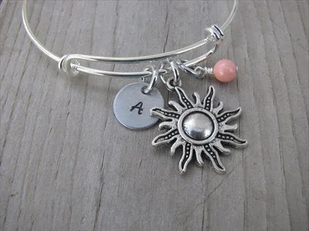 Sun Charm Bracelet- Adjustable Bangle Bracelet with an Initial Charm and an Accent Bead of your choice