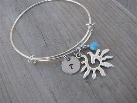 Sunburst Charm Bracelet- Adjustable Bangle Bracelet with an Initial Charm and an Accent Bead of your choice