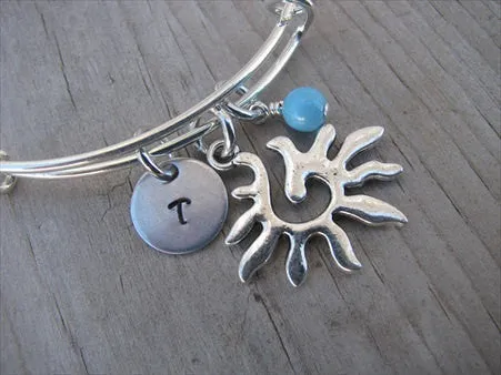 Sunburst Charm Bracelet- Adjustable Bangle Bracelet with an Initial Charm and an Accent Bead of your choice