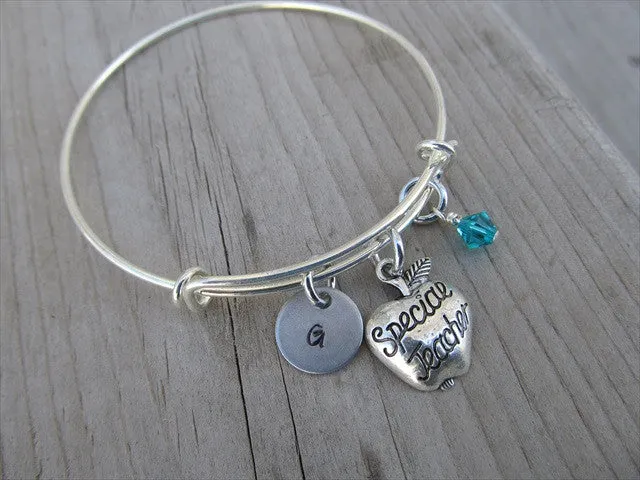 Teacher Charm Bracelet -Adjustable Bangle Bracelet with an Initial Charm and Accent Bead of your choice