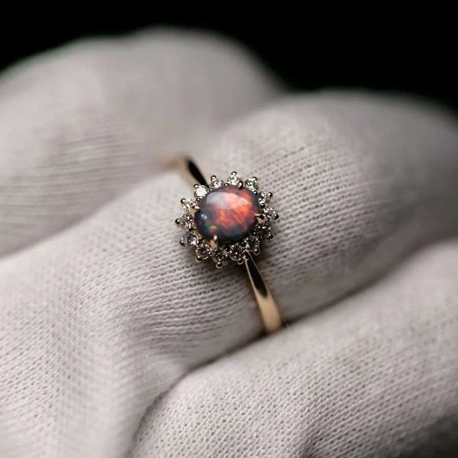 The Modern Classic - Black Opal Diamond Halo Engagement Ring 18K Yellow Gold