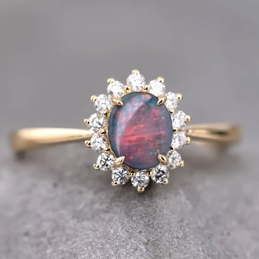 The Modern Classic - Black Opal Diamond Halo Engagement Ring 18K Yellow Gold