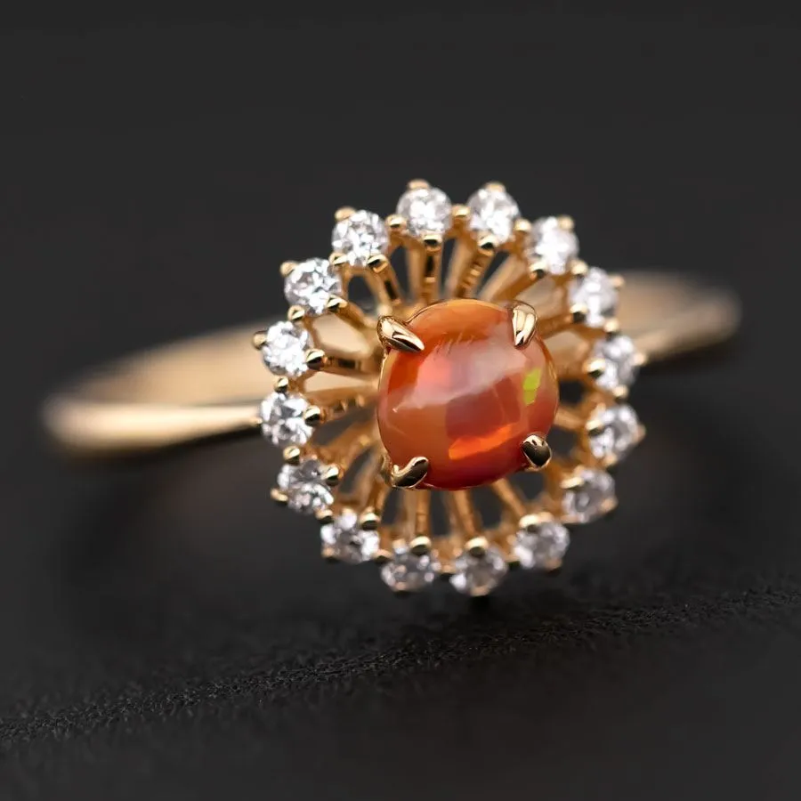 The Sunshine - Mexican Egg Fire Opal Halo Diamond Engagement Ring 18K Yellow Gold