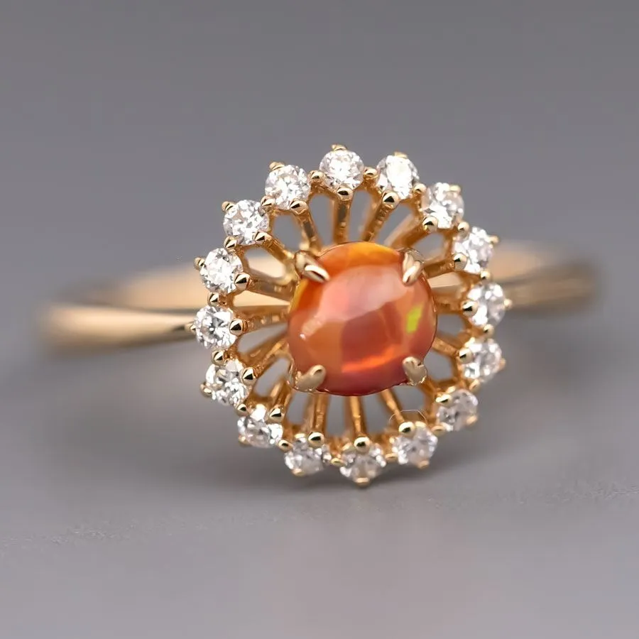 The Sunshine - Mexican Egg Fire Opal Halo Diamond Engagement Ring 18K Yellow Gold