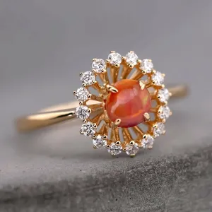 The Sunshine - Mexican Egg Fire Opal Halo Diamond Engagement Ring 18K Yellow Gold
