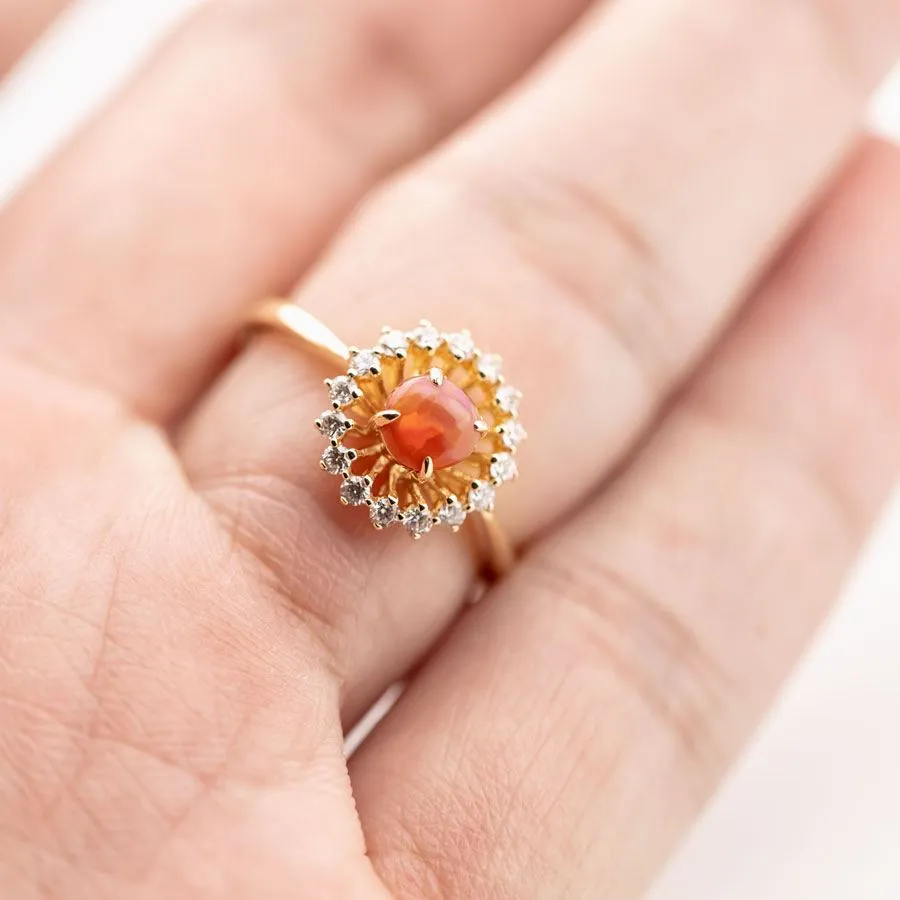 The Sunshine - Mexican Egg Fire Opal Halo Diamond Engagement Ring 18K Yellow Gold