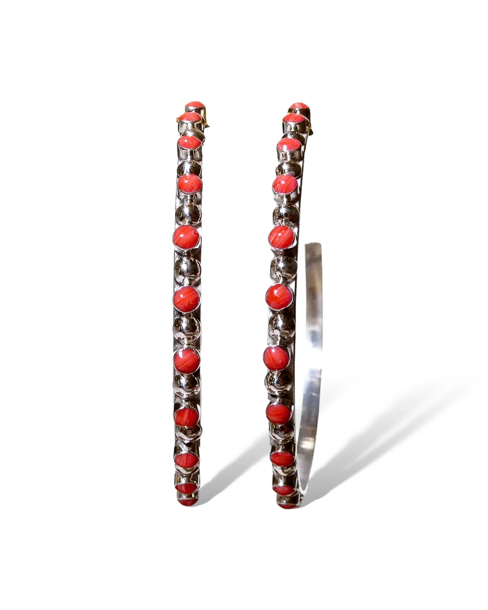 Thin Sterling Silver Hoops with Coral Gemstones