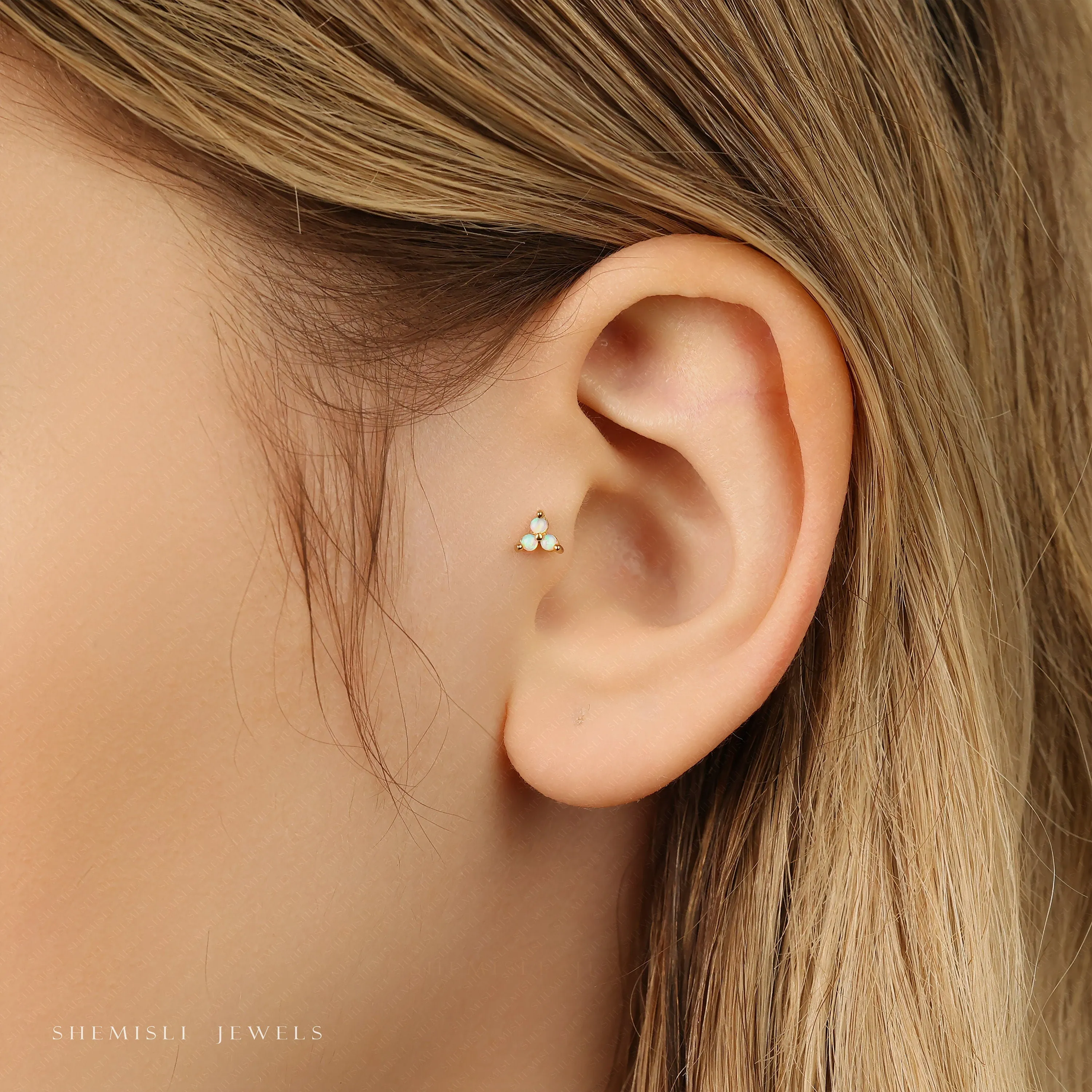 Tiny 3-Petal Opal Flower Threadless Flat Back Tragus Stud, 20,18,16ga, 5-10mm, Unisex, Surgical Steel, SHEMISLI SS546