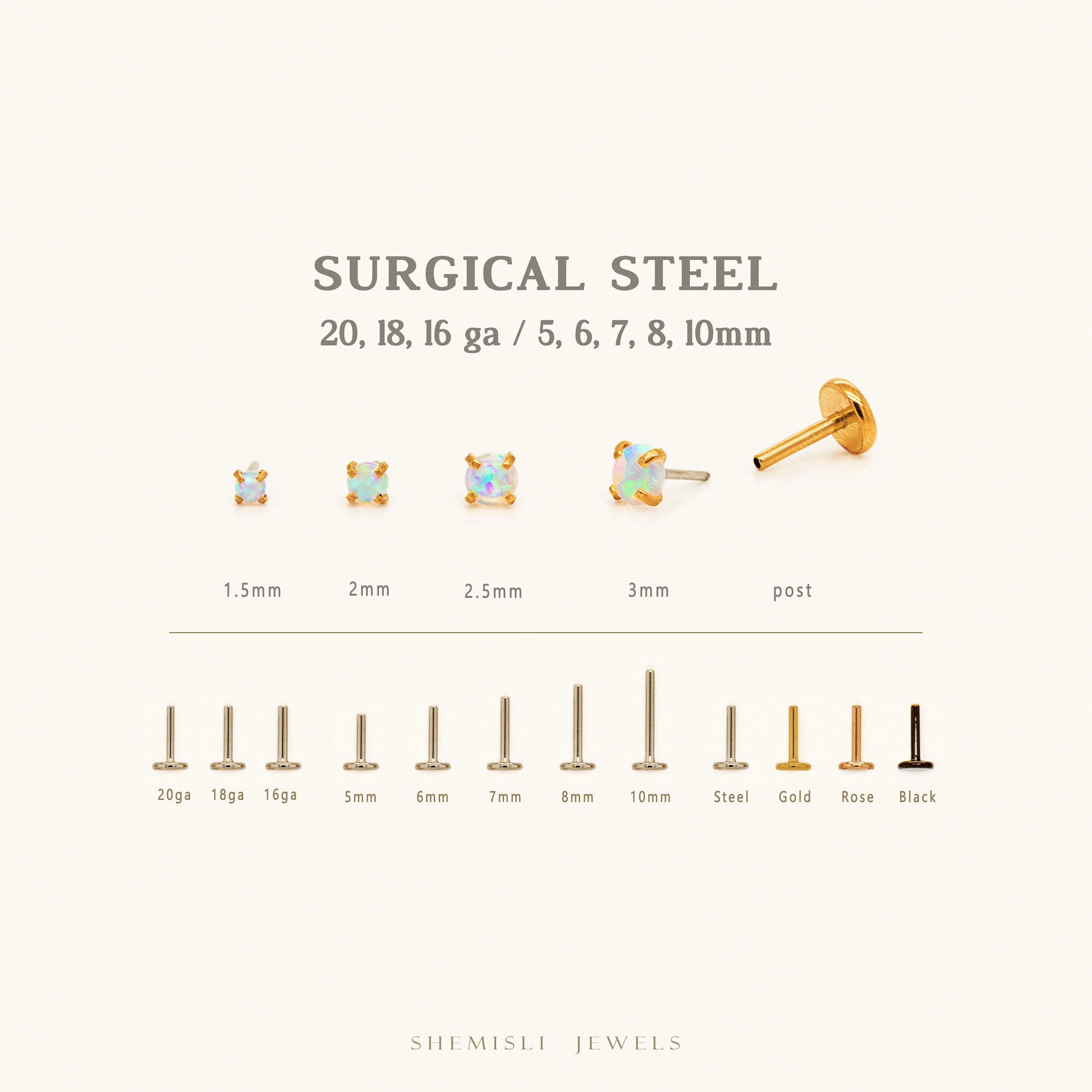 Tiny Opal Threadless Flat Back Lip Labret Stud, 18,16ga, 6-10mm, October Birthstone, Unisex, Surgical Steel SHEMISLI SS525
