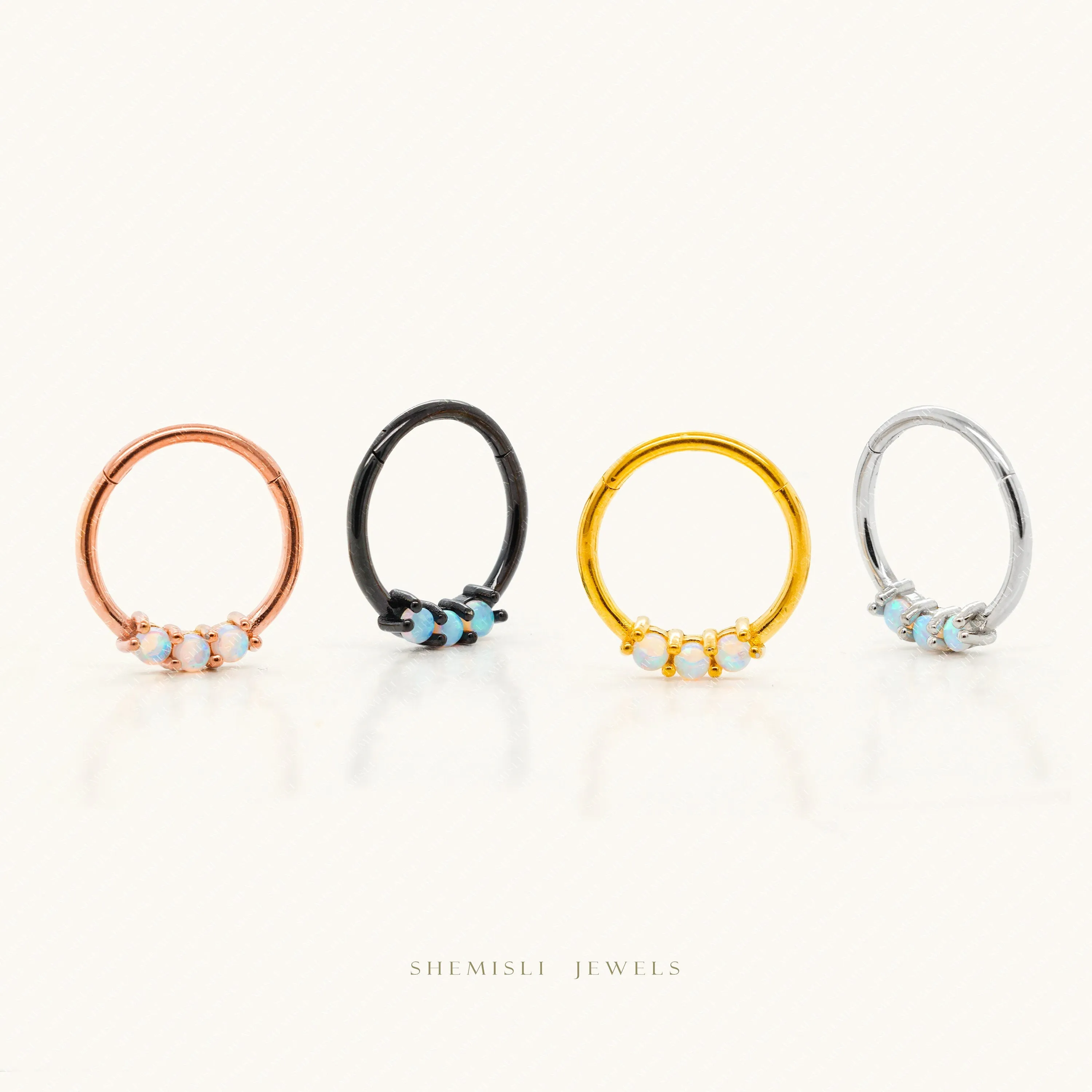 Triple Tiny Opal Stone Septum Ring, Nose Ring, Daith Ring, Hinged Clicker Hoop, 16ga 8 or 10mm, Unisex, Surgical Steel, SH660, SH661