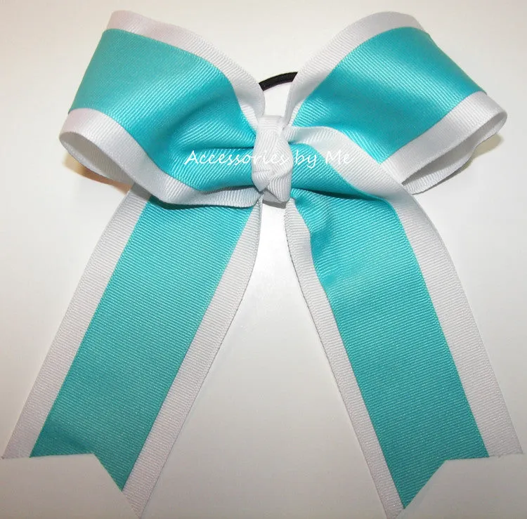 Turquoise White Ponytail Cheer Bow