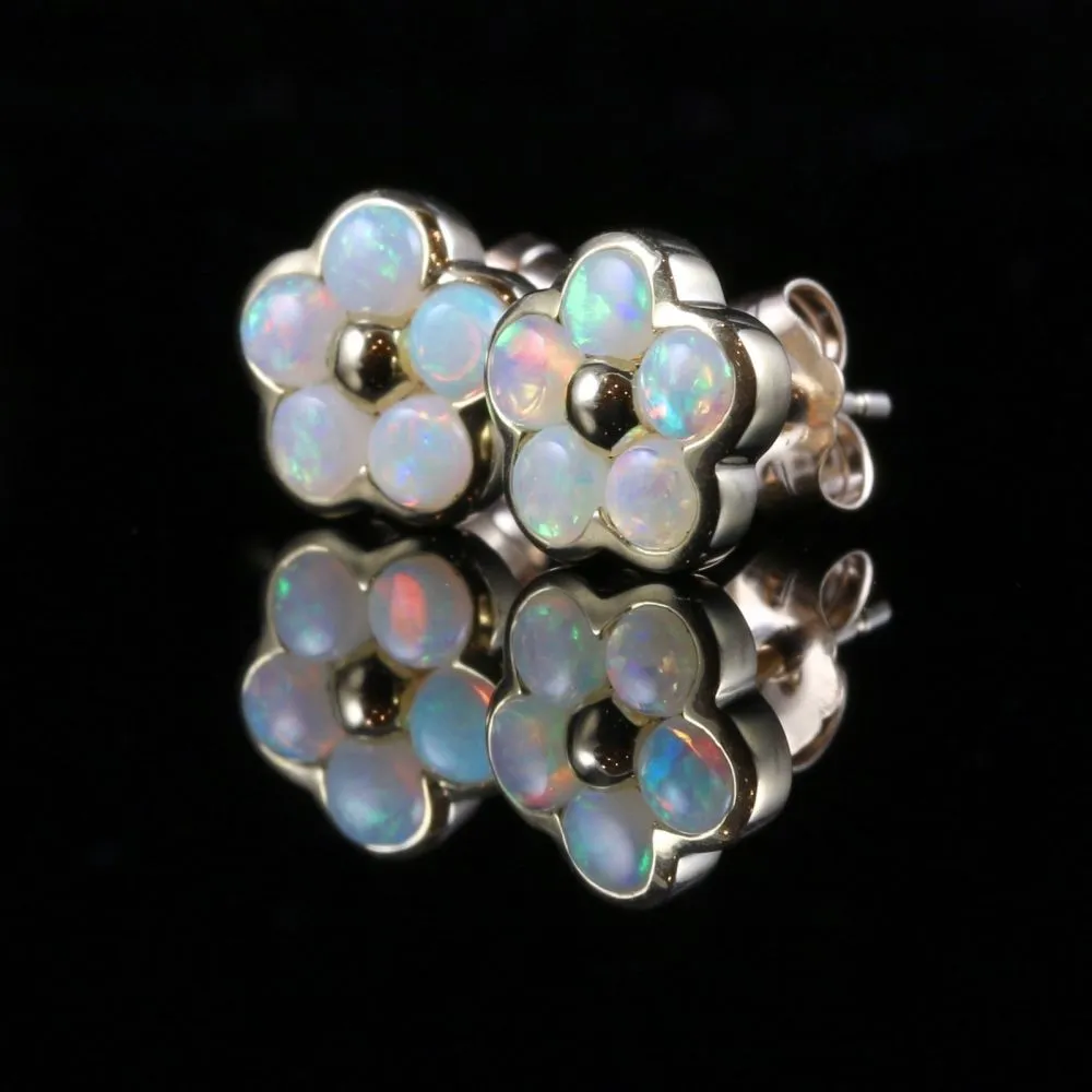 Victorian Style Natural Opal Flower Stud Earrings 9ct Gold