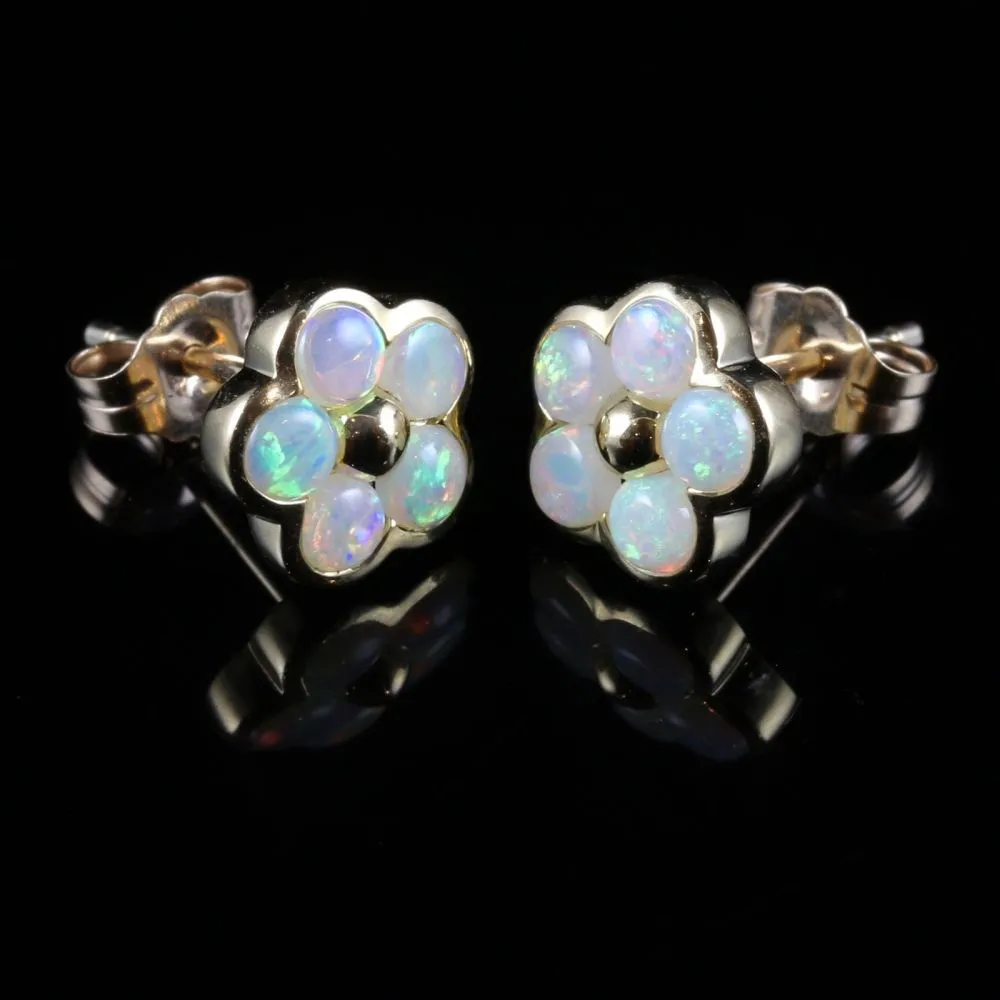 Victorian Style Natural Opal Flower Stud Earrings 9ct Gold