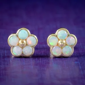 Victorian Style Natural Opal Flower Stud Earrings 9ct Gold