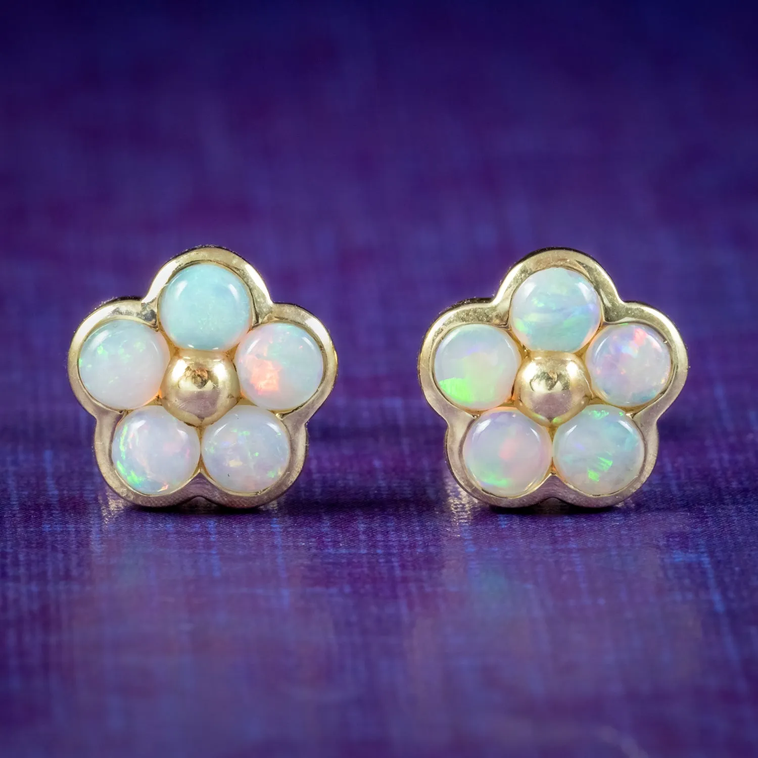 Victorian Style Natural Opal Flower Stud Earrings 9ct Gold