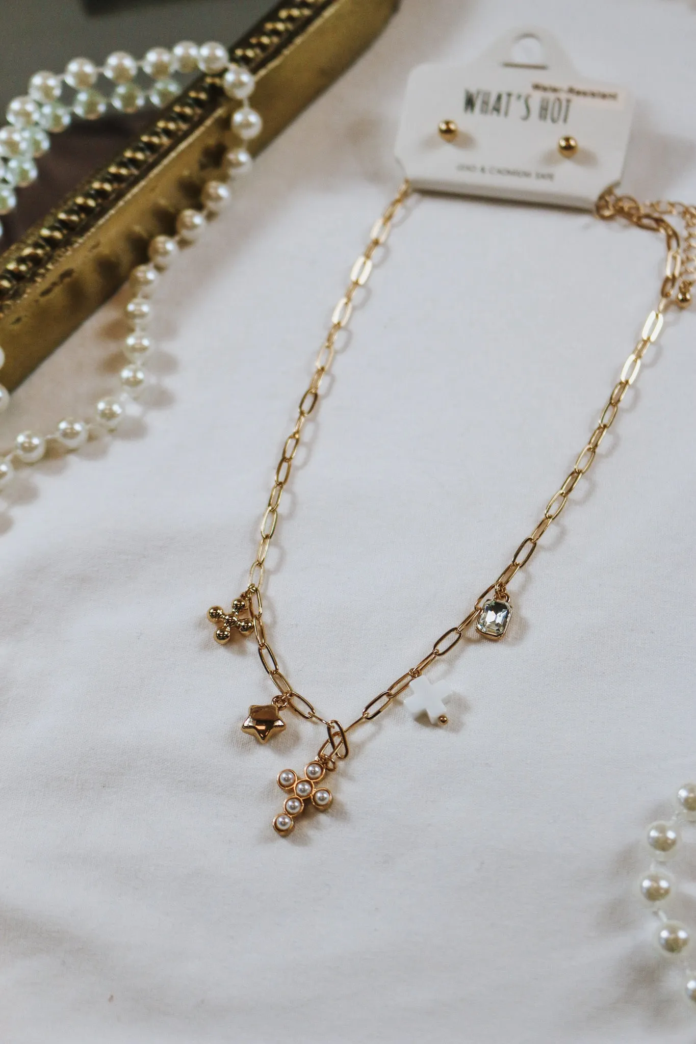 Water Resistant Gold Chain Pearl Cross, Star Charm 16"-18" Necklace