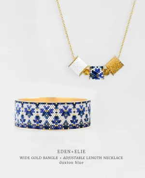 Wide Gold Bangle   Adjustable Length Necklace Set - Duxton Blue